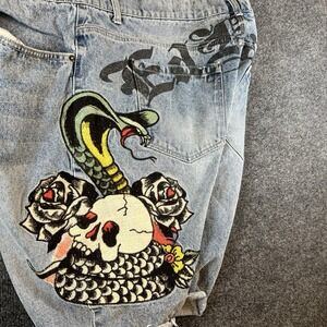 Ed Hardy Blue Jorts with Distressed Details Skull and‎ Snake Print Y2k, Skater